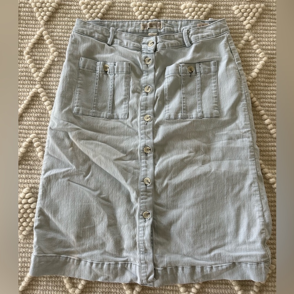 light denim stretchy button up midi skirt